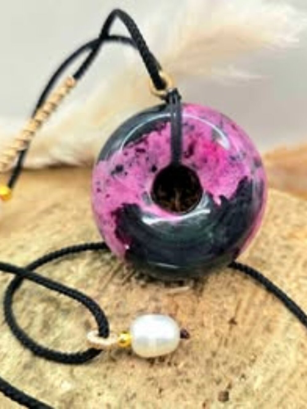 Rhodonite Jumbo Donut Hand Braided Pendant Necklace
